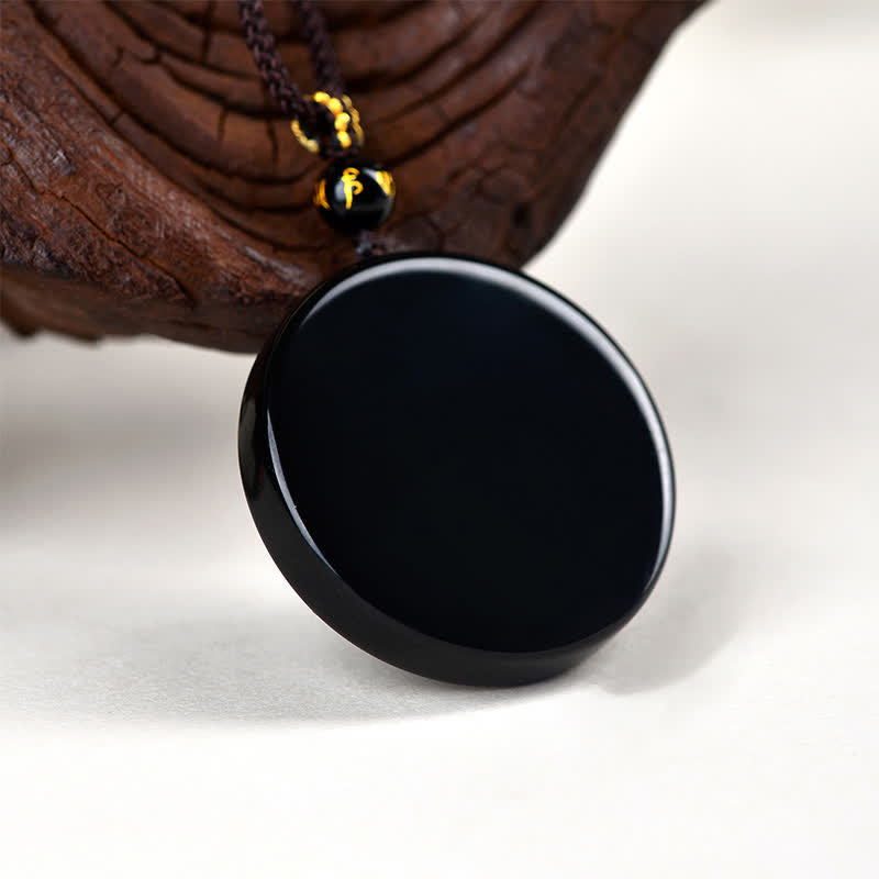 Buddha Stones Black Obsidian Round Shape Protection Braided Rope Necklace