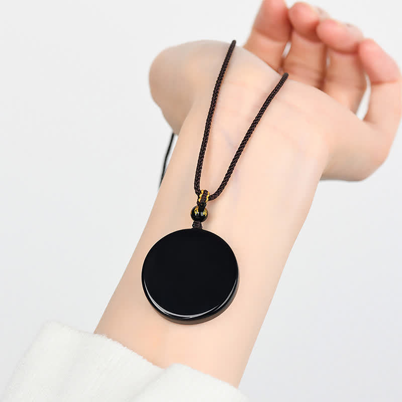 Buddha Stones Black Obsidian Round Shape Protection Braided Rope Necklace