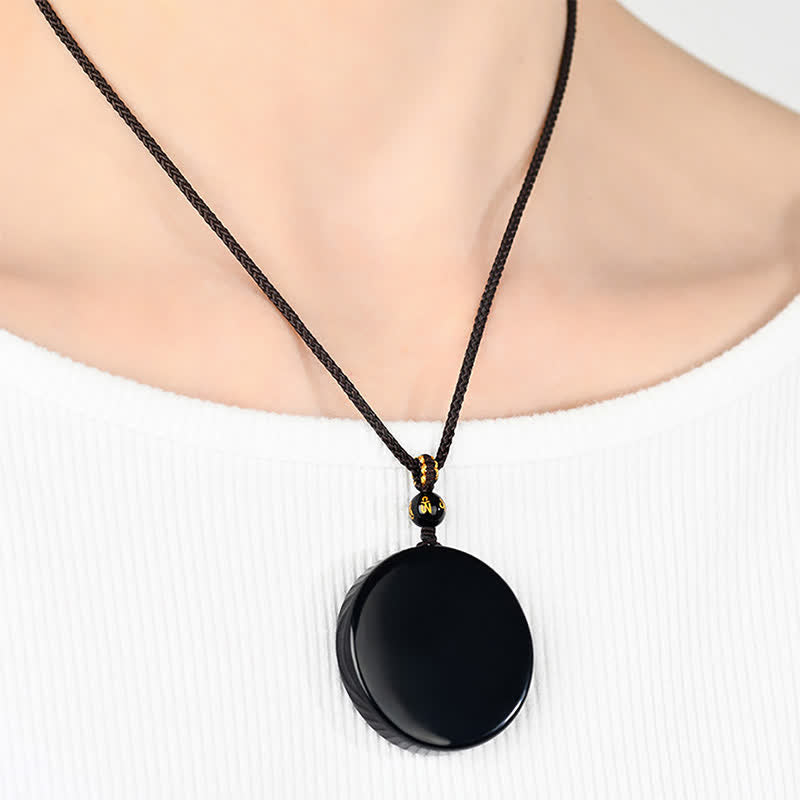 Buddha Stones Black Obsidian Round Shape Protection Braided Rope Necklace