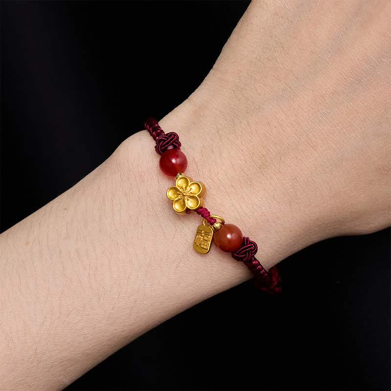Buddha Stones Copper Peach Blossoms Fu Character Good Fortune Red String Charm Bracelet