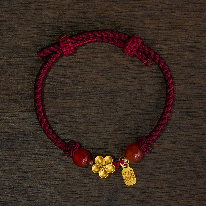 EverestArtstudios Copper Peach Blossoms Fu Character Good Fortune Red String Charm Bracelet