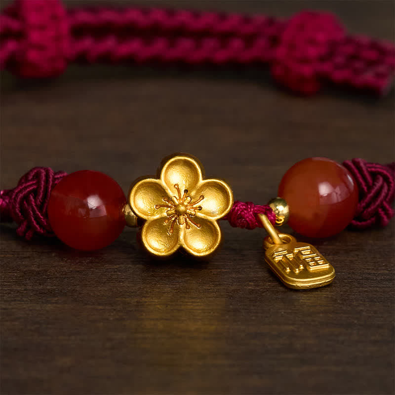 Buddha Stones Copper Peach Blossoms Fu Character Good Fortune Red String Charm Bracelet