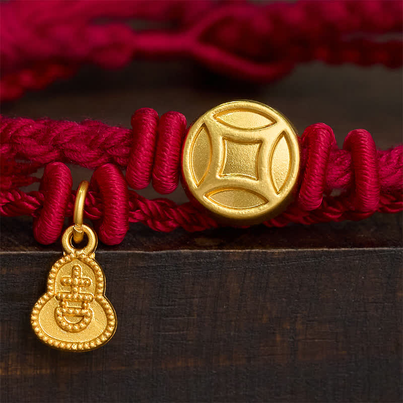 Buddha Stones Alloy Chinese Coin Gourd Pendant Wealth Double-Strand Red String Bracelet
