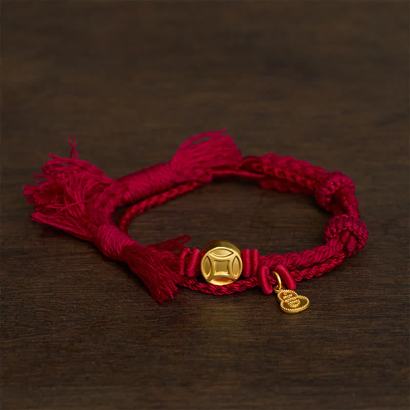 Buddha Stones Alloy Chinese Coin Gourd Pendant Wealth Double-Strand Red String Bracelet
