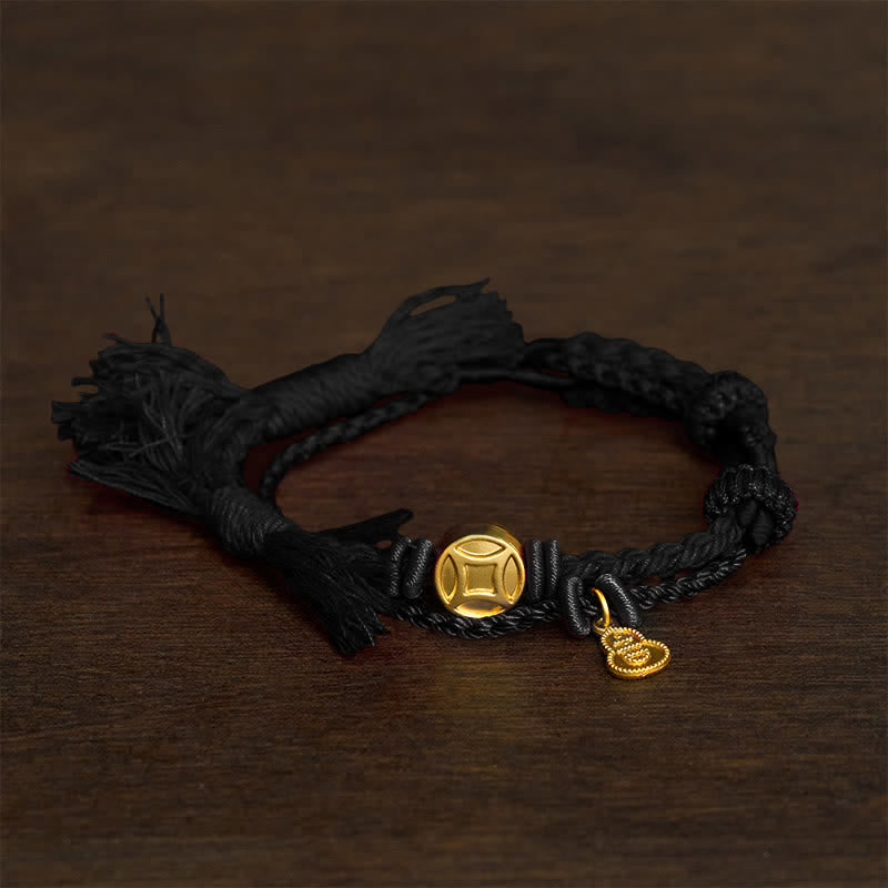 Buddha Stones Alloy Chinese Coin Gourd Pendant Wealth Double-Strand Red String Bracelet