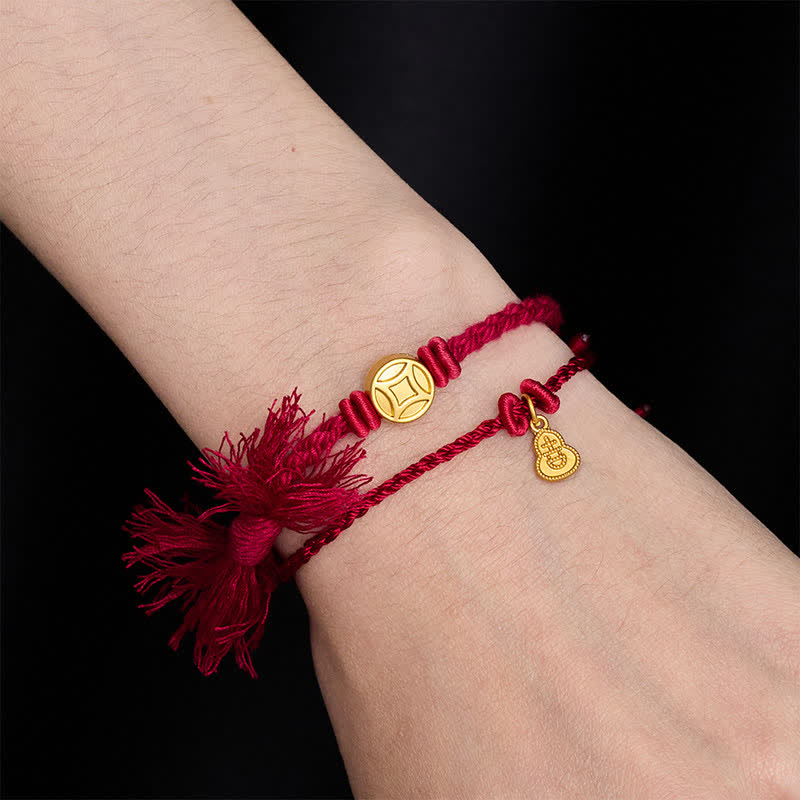 Buddha Stones Alloy Chinese Coin Gourd Pendant Wealth Double-Strand Red String Bracelet