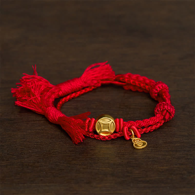Buddha Stones Alloy Chinese Coin Gourd Pendant Wealth Double-Strand Red String Bracelet