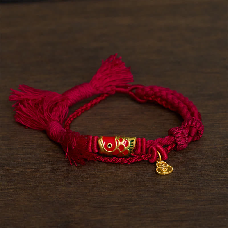 Buddha Stones Alloy Koi Fish Gourd Pendant Success Retro Double-Strand String Bracelet