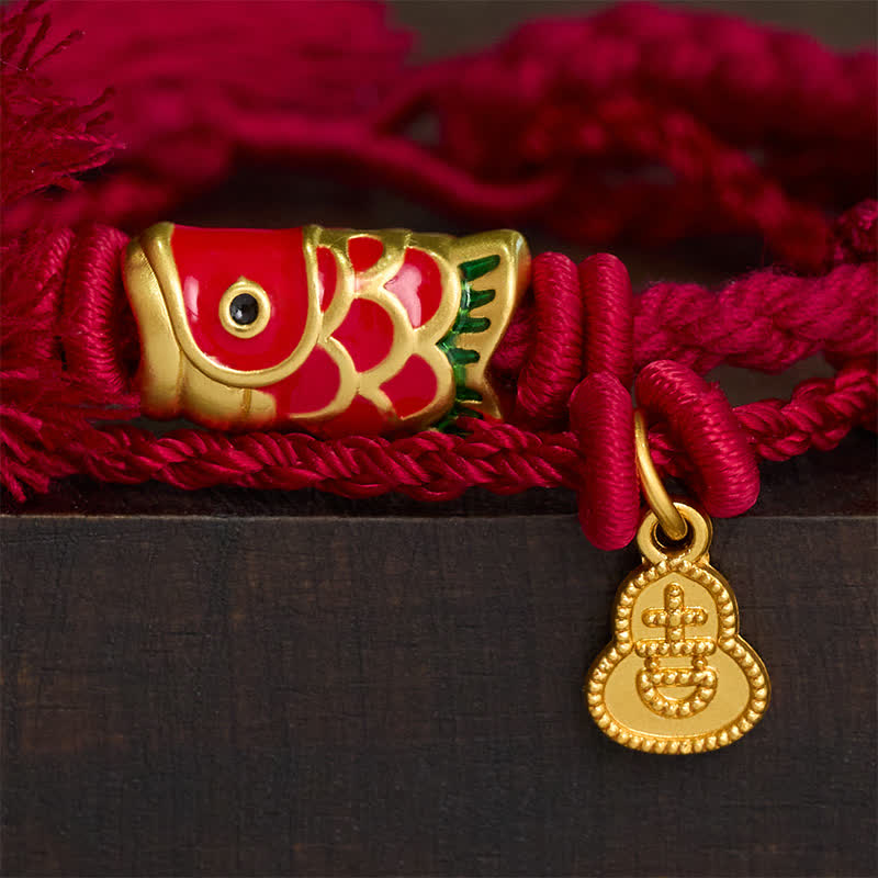 Buddha Stones Alloy Koi Fish Gourd Pendant Success Retro Double-Strand String Bracelet