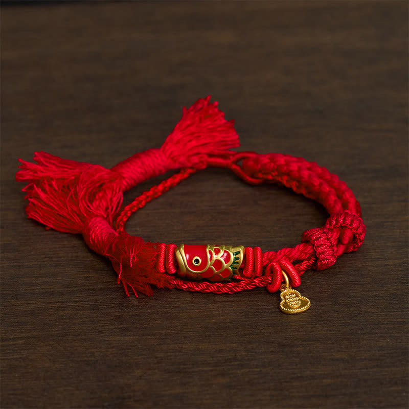 Buddha Stones Alloy Koi Fish Gourd Pendant Success Retro Double-Strand String Bracelet