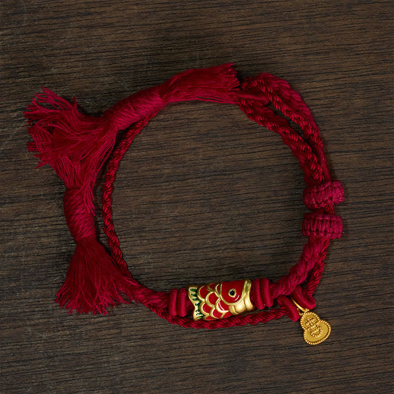 Buddha Stones Alloy Koi Fish Gourd Pendant Success Retro Double-Strand String Bracelet