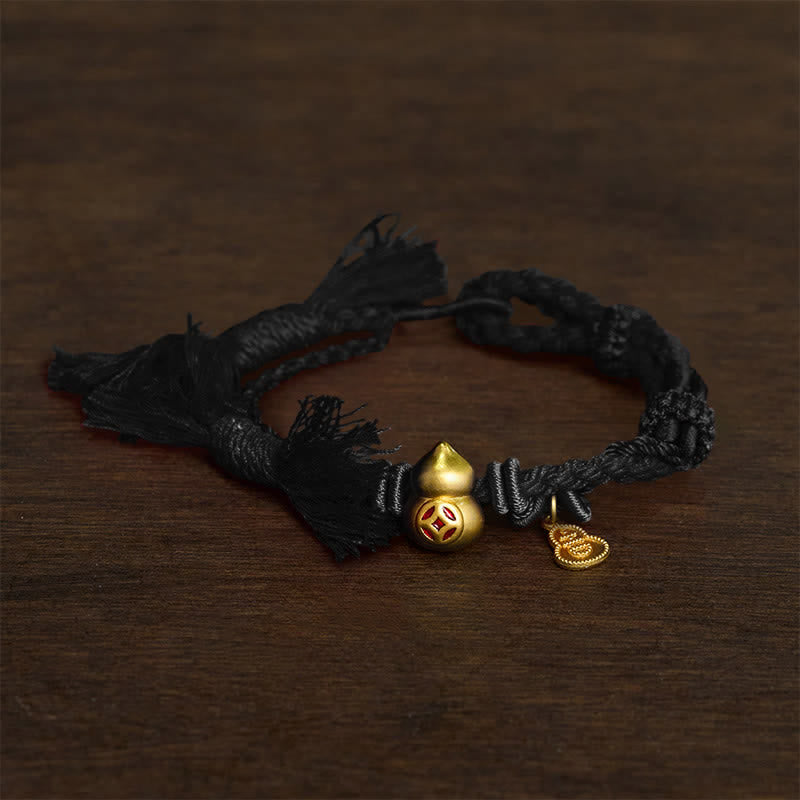 Buddha Stones Alloy Gourd Shaped Chinese Coin Gourd Pendant Wealth Double-Strand Red String Bracelet