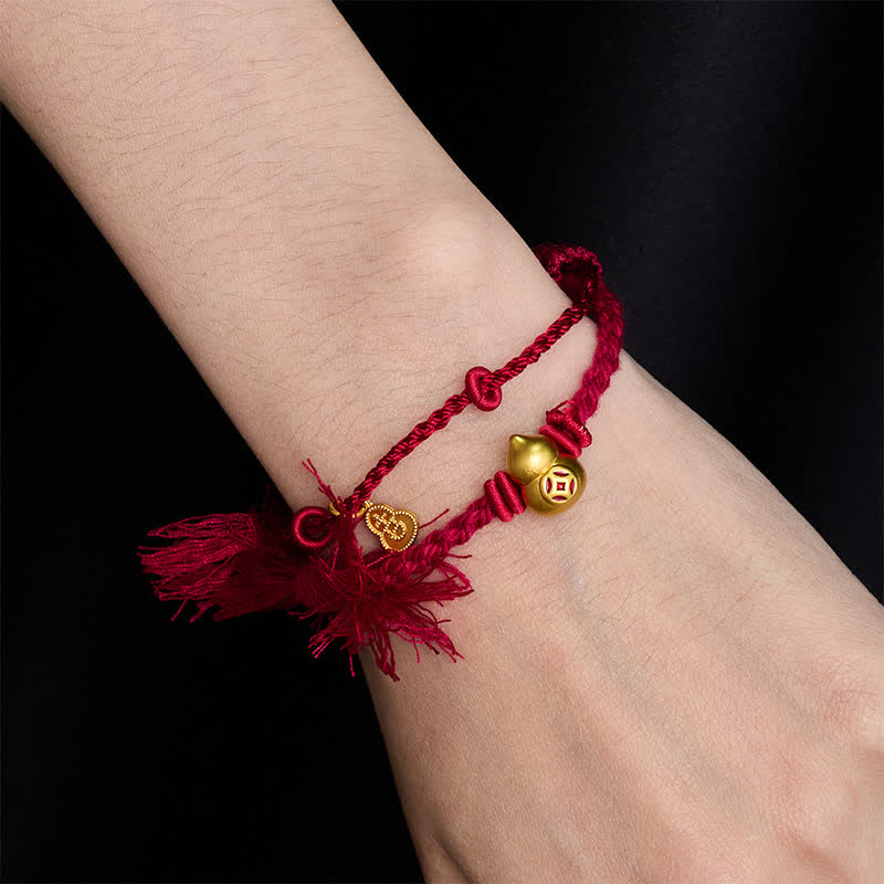 Buddha Stones Alloy Gourd Shaped Chinese Coin Gourd Pendant Wealth Double-Strand Red String Bracelet