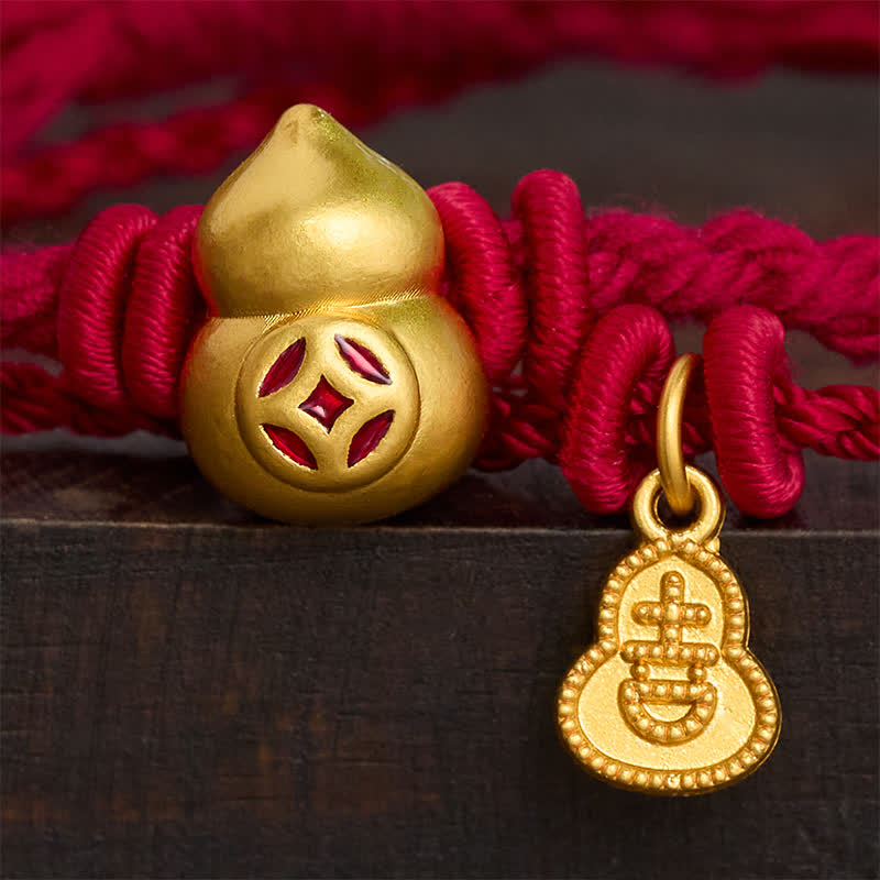 Buddha Stones Alloy Gourd Shaped Chinese Coin Gourd Pendant Wealth Double-Strand Red String Bracelet