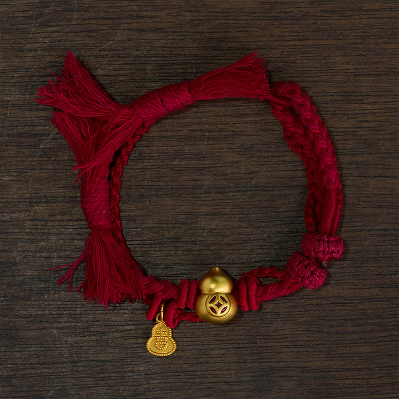 Buddha Stones Alloy Gourd Shaped Chinese Coin Gourd Pendant Wealth Double-Strand Red String Bracelet