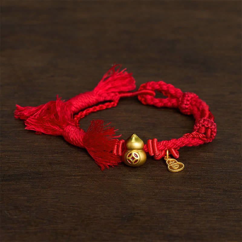 Buddha Stones Alloy Gourd Shaped Chinese Coin Gourd Pendant Wealth Double-Strand Red String Bracelet