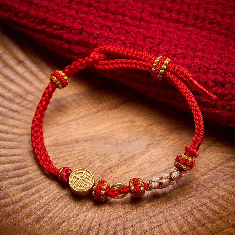 Buddha Stones Fu Character Copper Coins Red String Blessing Bracelet
