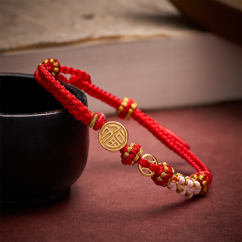 Buddha Stones Fu Character Copper Coins Red String Blessing Bracelet