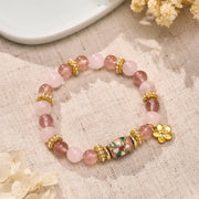 Buddha Stones Natural Strawberry Quartz Rose Quartz Enamel Flowers Pendant Love Round Polished Bead Bracelet