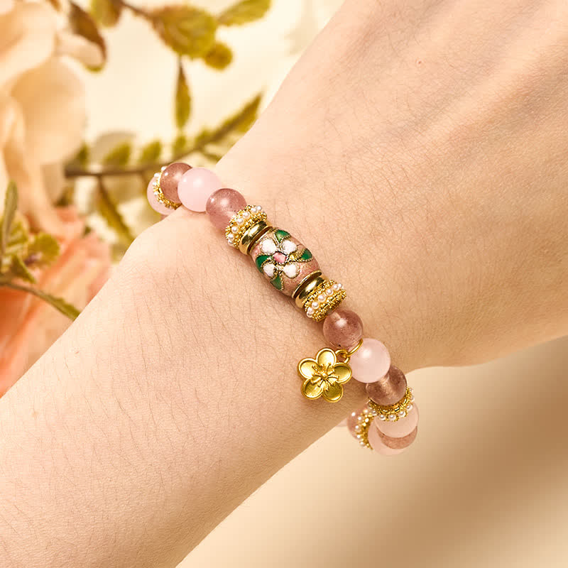 Buddha Stones Natural Strawberry Quartz Rose Quartz Enamel Flowers Pendant Love Round Polished Bead Bracelet