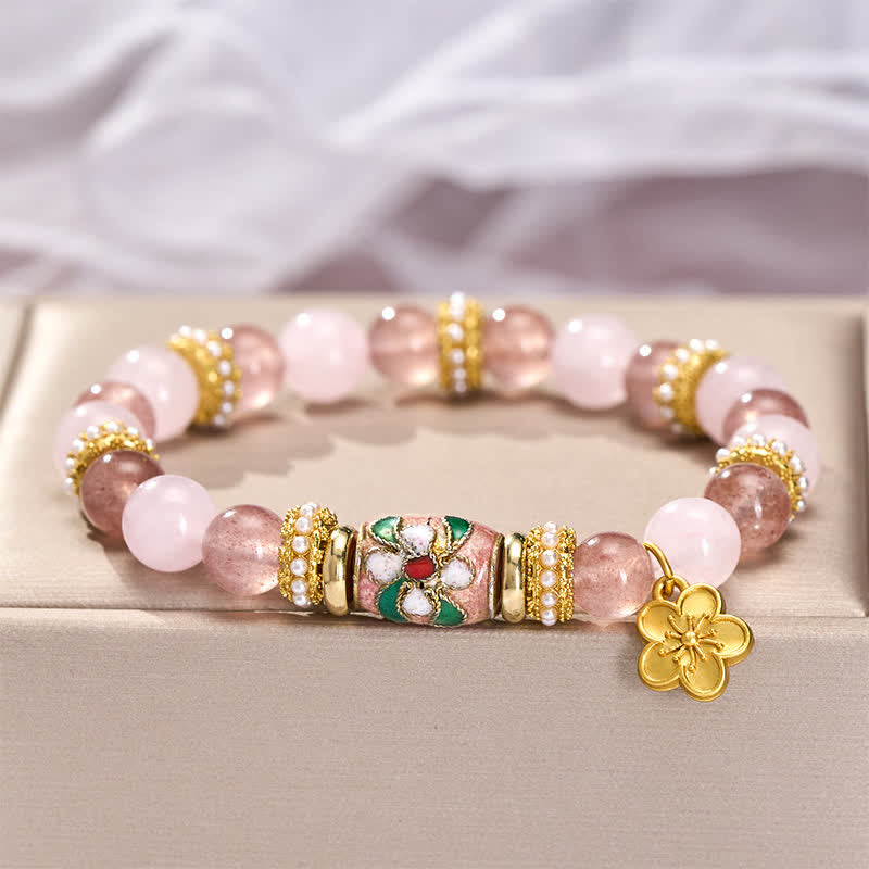Buddha Stones Natural Strawberry Quartz Rose Quartz Enamel Flowers Pendant Love Round Polished Bead Bracelet