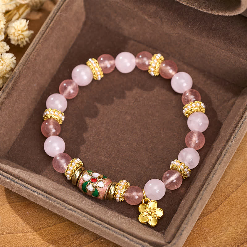 Buddha Stones Natural Strawberry Quartz Rose Quartz Enamel Flowers Pendant Love Round Polished Bead Bracelet