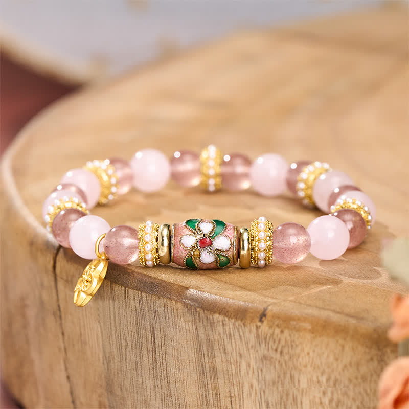Buddha Stones Natural Strawberry Quartz Rose Quartz Enamel Flowers Pendant Love Round Polished Bead Bracelet