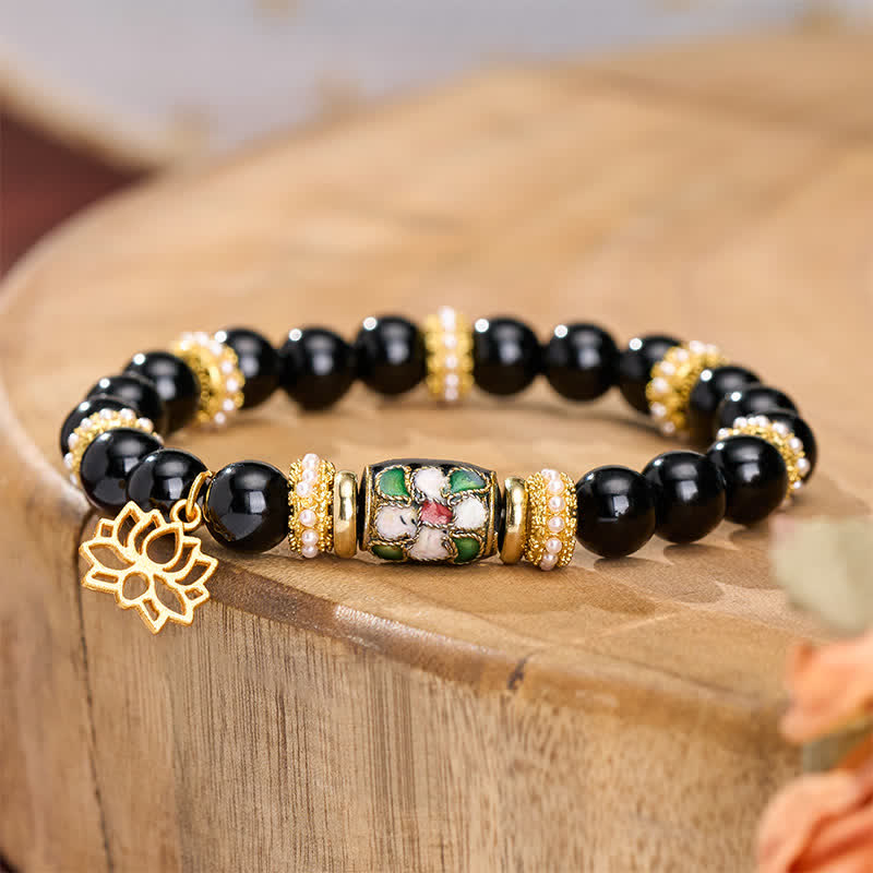 Buddha Stones Black Obsidian Cloisonné Enamel Flowers Lotus Pendant Protection Round Bead Bracelet