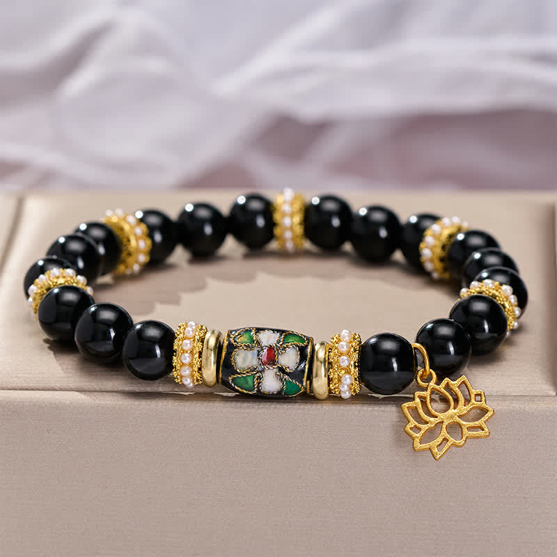 Buddha Stones Black Obsidian Cloisonné Enamel Flowers Lotus Pendant Protection Round Bead Bracelet