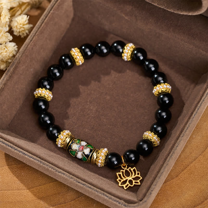 Buddha Stones Black Obsidian Cloisonné Enamel Flowers Lotus Pendant Protection Round Bead Bracelet