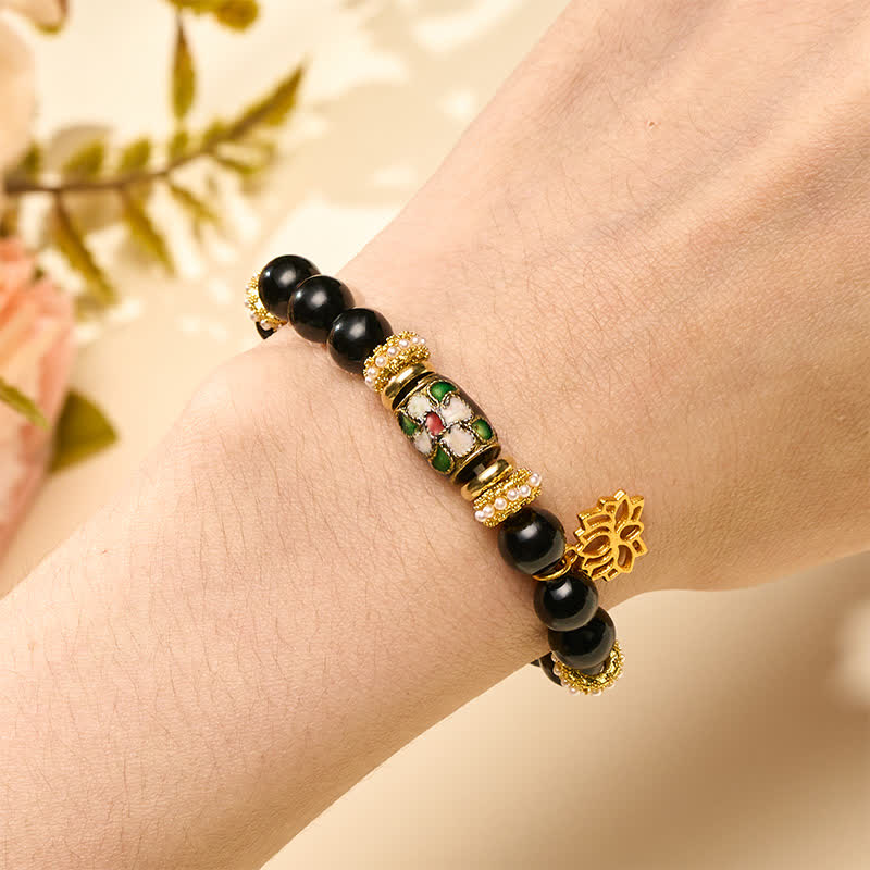 Buddha Stones Black Obsidian Cloisonné Enamel Flowers Lotus Pendant Protection Round Bead Bracelet
