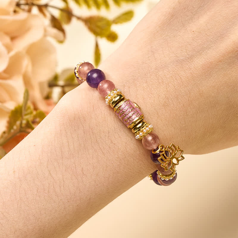 Buddha Stones Natural Amethyst Strawberry Quartz Enamel Barrel Bead Lotus Pendant Calm Hand Polished Round Bead Bracelet
