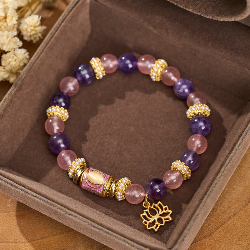 Buddha Stones Natural Amethyst Strawberry Quartz Enamel Barrel Bead Lotus Pendant Calm Hand Polished Round Bead Bracelet