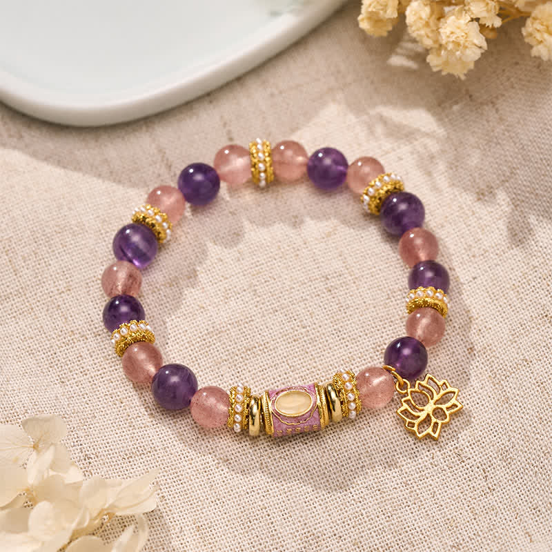 Buddha Stones Natural Amethyst Strawberry Quartz Enamel Barrel Bead Lotus Pendant Calm Hand Polished Round Bead Bracelet