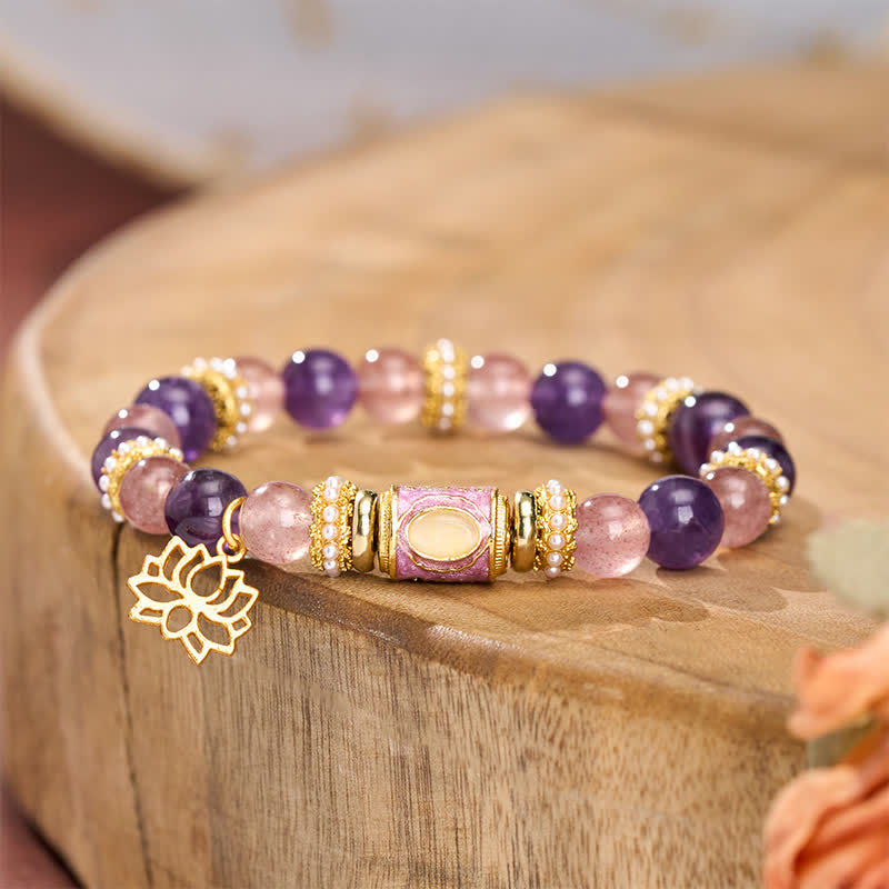 Buddha Stones Natural Amethyst Strawberry Quartz Enamel Barrel Bead Lotus Pendant Calm Hand Polished Round Bead Bracelet