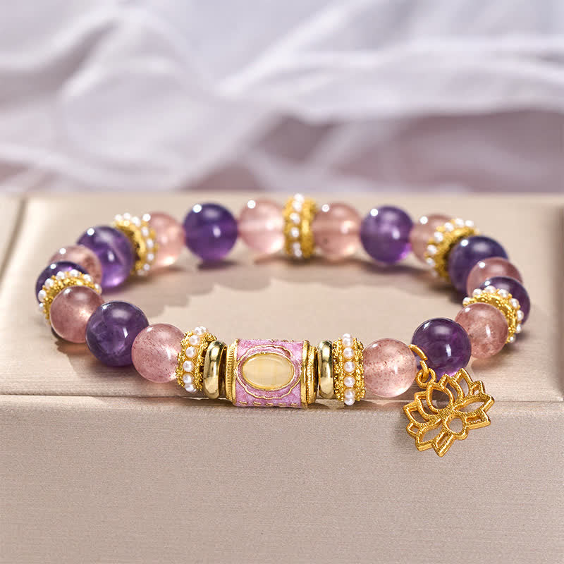 Buddha Stones Natural Amethyst Strawberry Quartz Enamel Barrel Bead Lotus Pendant Calm Hand Polished Round Bead Bracelet