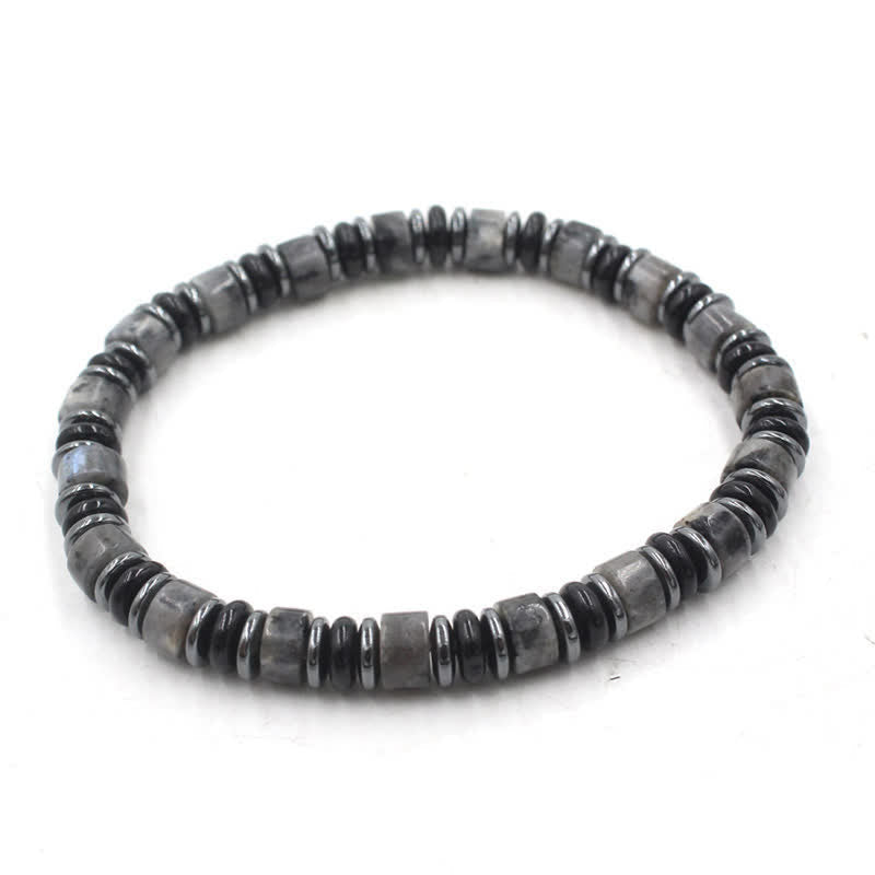 Buddha Stones Black Obsidian Hematite Hand Polished Ethnic Luck Flat Bead Bracelet