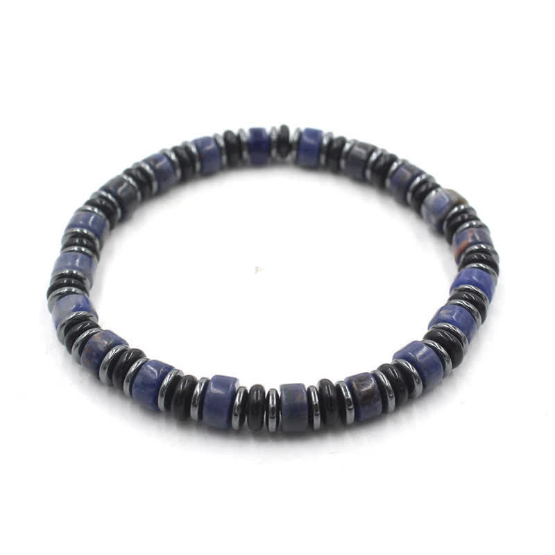 EverestArtStudios Black Obsidian Hematite Hand Polished Ethnic Luck Flat Bead Bracelet