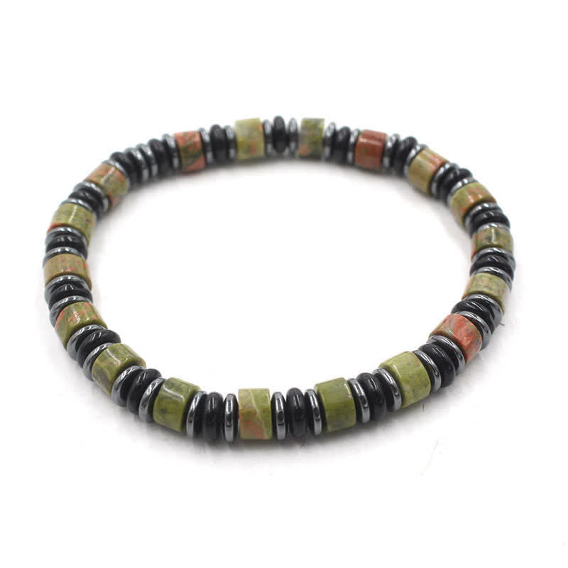 Buddha Stones Black Obsidian Hematite Hand Polished Ethnic Luck Flat Bead Bracelet