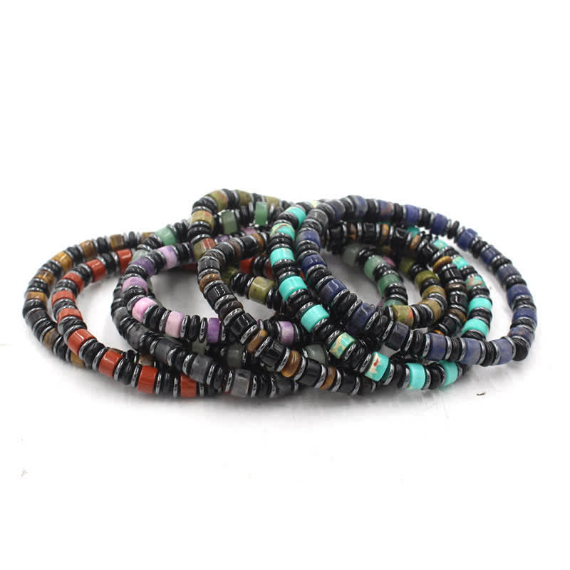 Buddha Stones Black Obsidian Hematite Hand Polished Ethnic Luck Flat Bead Bracelet