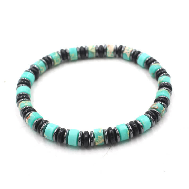 Buddha Stones Black Obsidian Hematite Hand Polished Ethnic Luck Flat Bead Bracelet