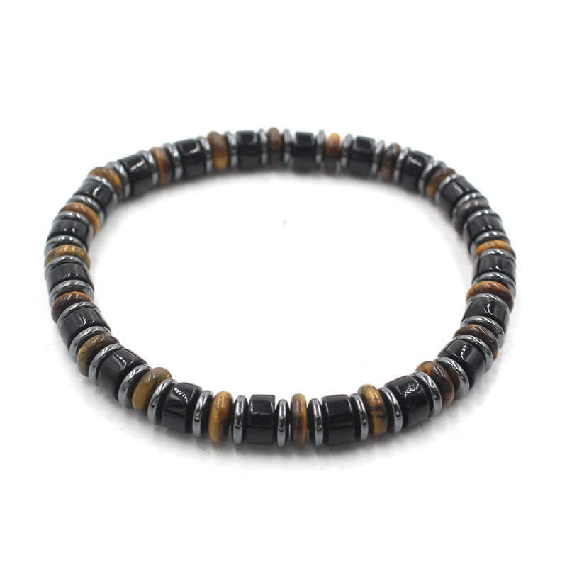 EverestArtStudios Black Obsidian Hematite Hand Polished Ethnic Luck Flat Bead Bracelet