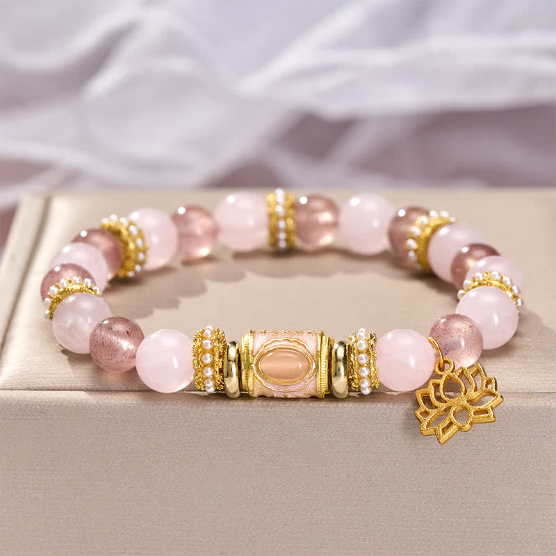 Buddha Stones Natural Strawberry Quartz Rose Quartz Enamel Barrel Bead Clarity Round Bead Bracelet