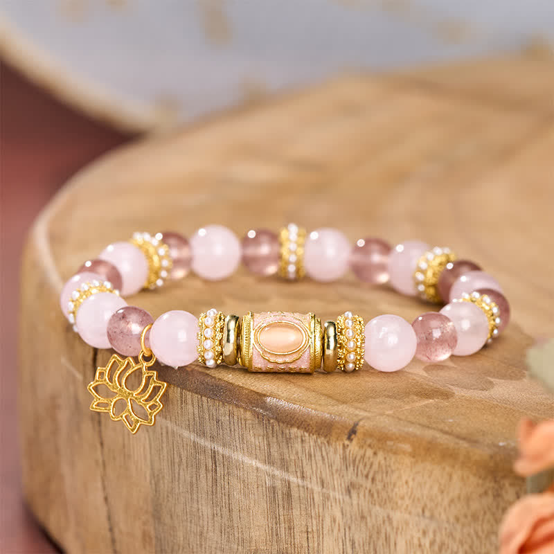 Buddha Stones Natural Strawberry Quartz Rose Quartz Enamel Barrel Bead Clarity Round Bead Bracelet