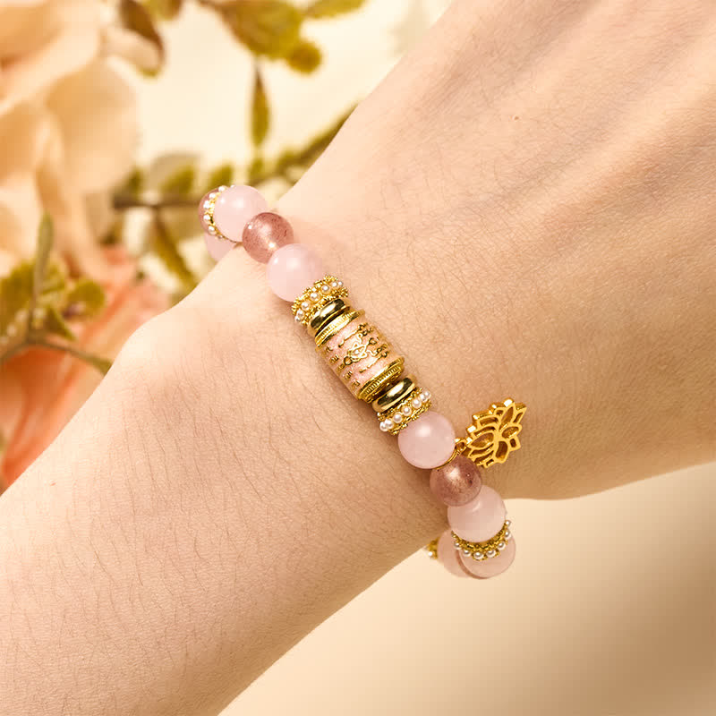 Buddha Stones Natural Strawberry Quartz Rose Quartz Enamel Barrel Bead Clarity Round Bead Bracelet