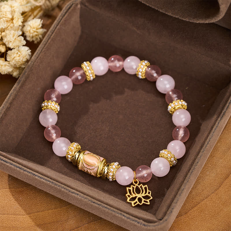 Buddha Stones Natural Strawberry Quartz Rose Quartz Enamel Barrel Bead Clarity Round Bead Bracelet