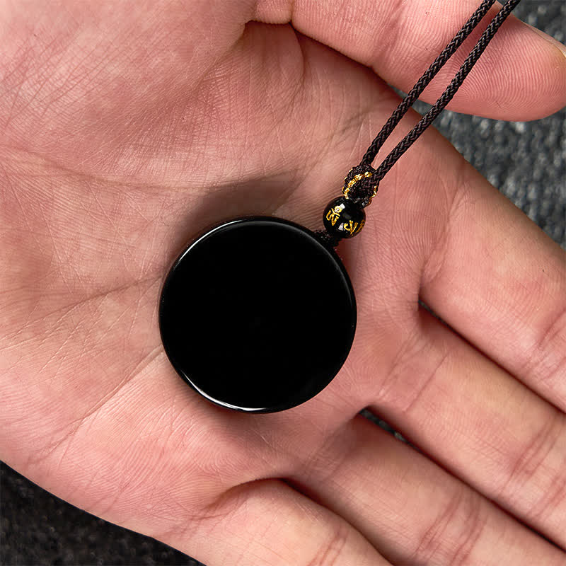 Buddha Stones Black Obsidian Round Shape Protection Braided Rope Necklace