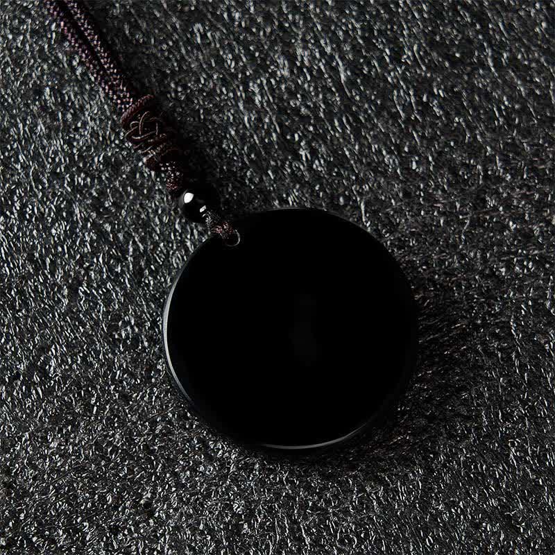Buddha Stones Black Obsidian Round Shape Protection Braided Rope Necklace
