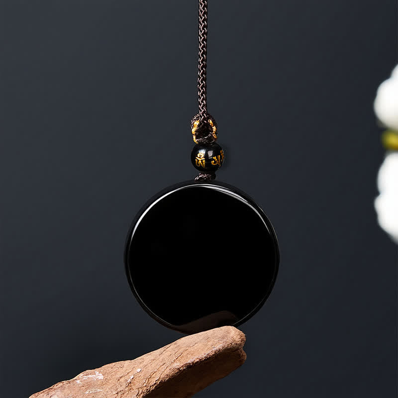 Buddha Stones Black Obsidian Round Shape Protection Braided Rope Necklace
