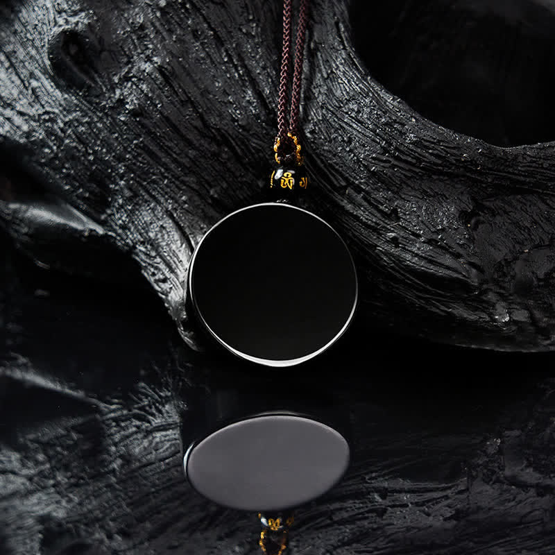 Buddha Stones Black Obsidian Round Shape Protection Braided Rope Necklace